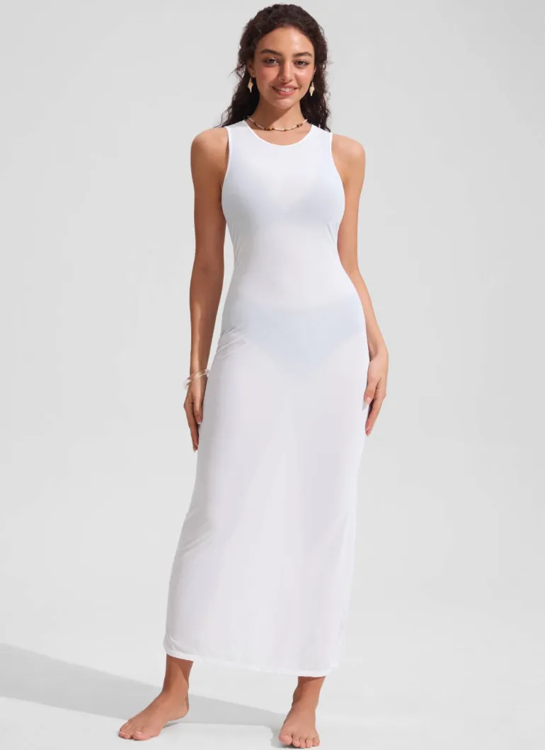 Mesh Midi Sleeveless Swimsuit Coverup with Back Slit