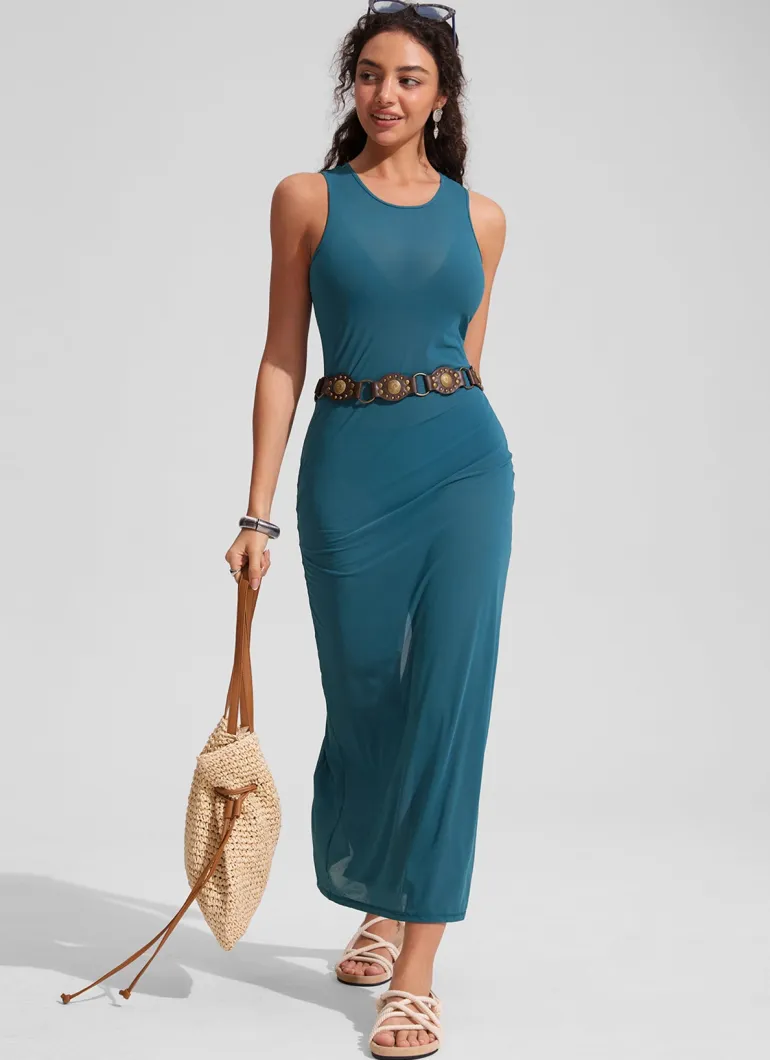 Mesh Midi Sleeveless Swimsuit Coverup with Back Slit