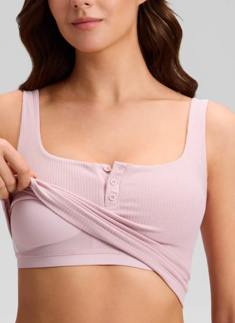 Ribbed Henley Neck Built in Bra Tank